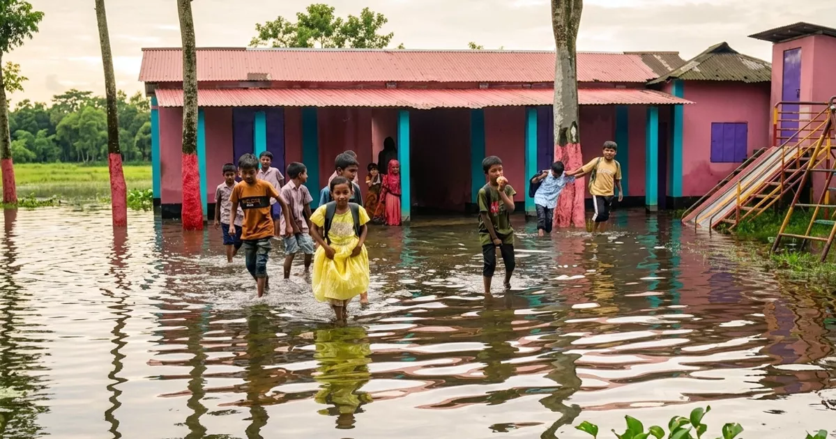 এক ঘণ্টার বৃষ্টিতেই পানির নিচে বিদ্যালয়, ব্যাহত হচ্ছে পাঠদান