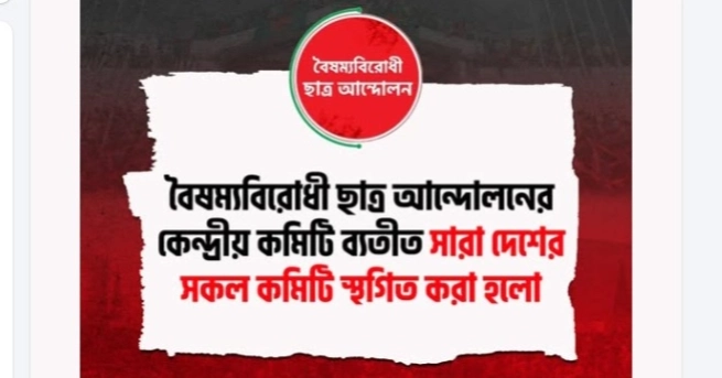 বৈষম্যবিরোধী ছাত্র আন্দোলনের কেন্দ্রীয় কমিটি ছাড়া সব কমিটি স্থগিত