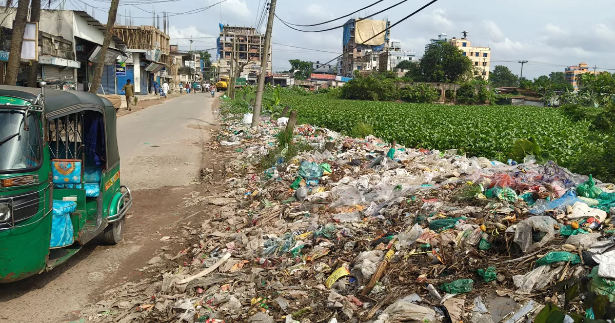কোম্পানীগঞ্জ বাজারের পাশে ময়লার ভাগাড়, নাকাল পথচারী, ডেঙ্গুর শঙ্কায় স্থানীয়রা