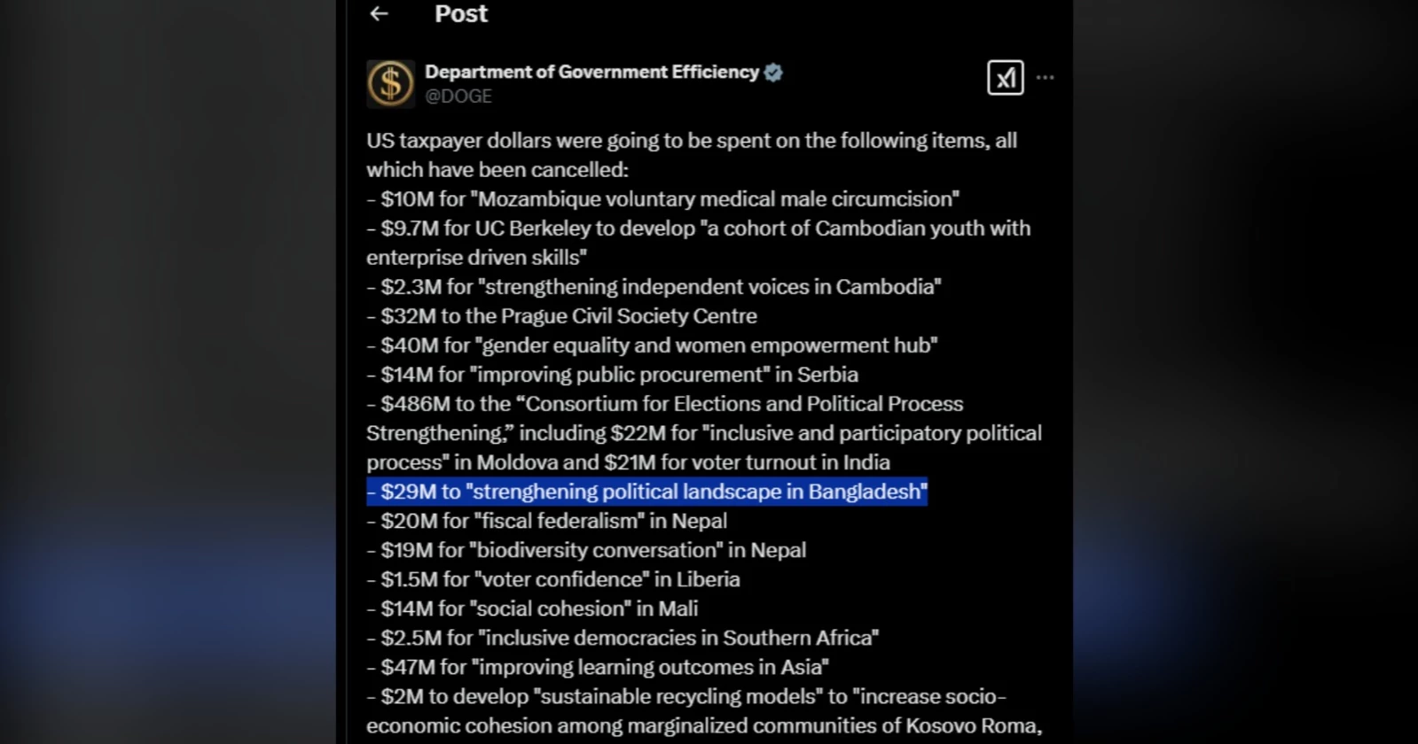 বাংলাদেশের রাজনৈতিক পরিস্থিতি উন্নয়নে মার্কিন তহবিল বাতিল