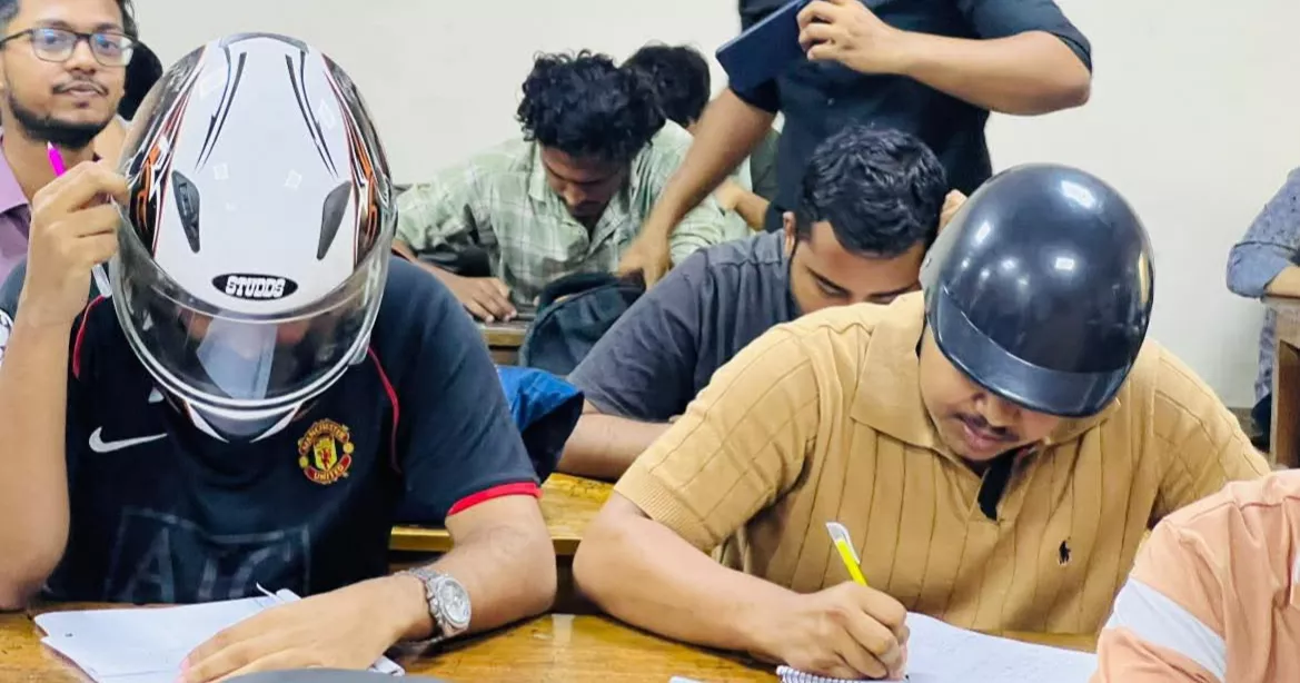 Students wear helmets in exam halls at JnU over safety concerns