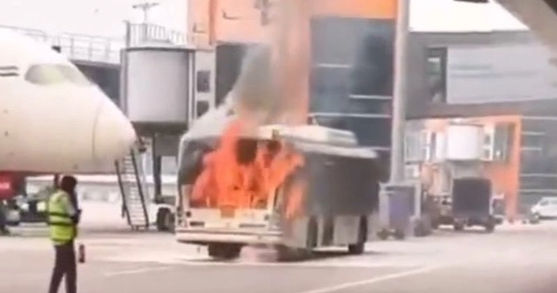 Air India bus catches fire at Delhi Airport