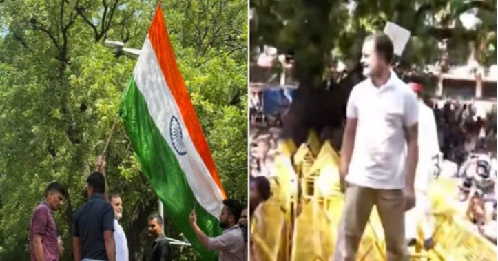 Rahul Gandhi climbs police barricade during INDIA bloc protest against election chief