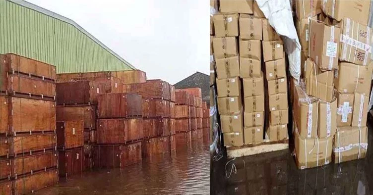 Rainwater waterlogging at Benapole Land Port, imported goods submerged