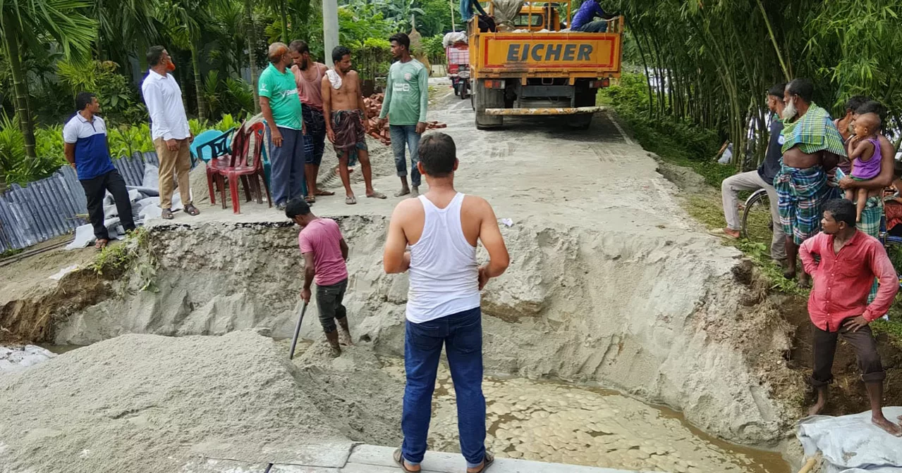 Repair work begins on flood-damaged Dahagram-Angarpota road after BGB steps in