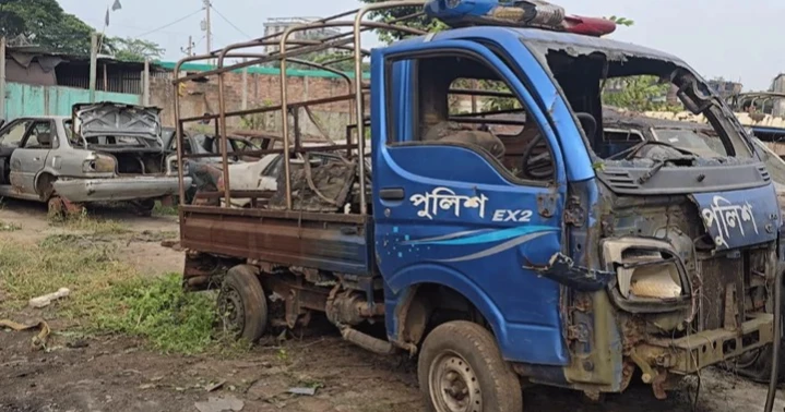 Police van used to burn six people during July Uprising recovered in Ashulia