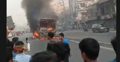 Bus catches fire after collision with motorcycle in Gazipur