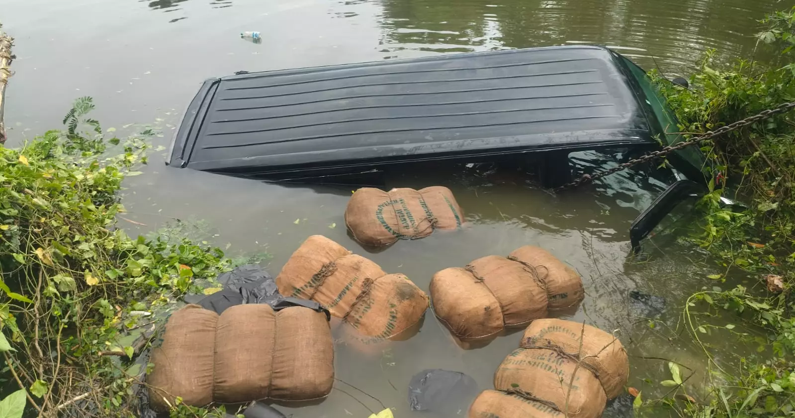 Police recover 9 sacks of cannabis after microbus crashes into pond in Brahmanbaria  